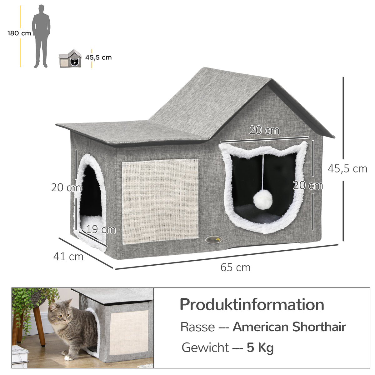 Cat house with scratching surface, incl. toy ball, cat cave, 65 cm x 41 cm x 45.5 cm H, brown + white + beige (3)