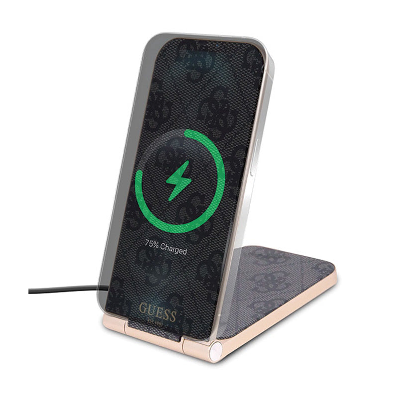 Guess 4G Pattern MagSafe - 2-in-1 foldable wireless charger with MagSafe for iPhone and AirPods 15W (black) (2)