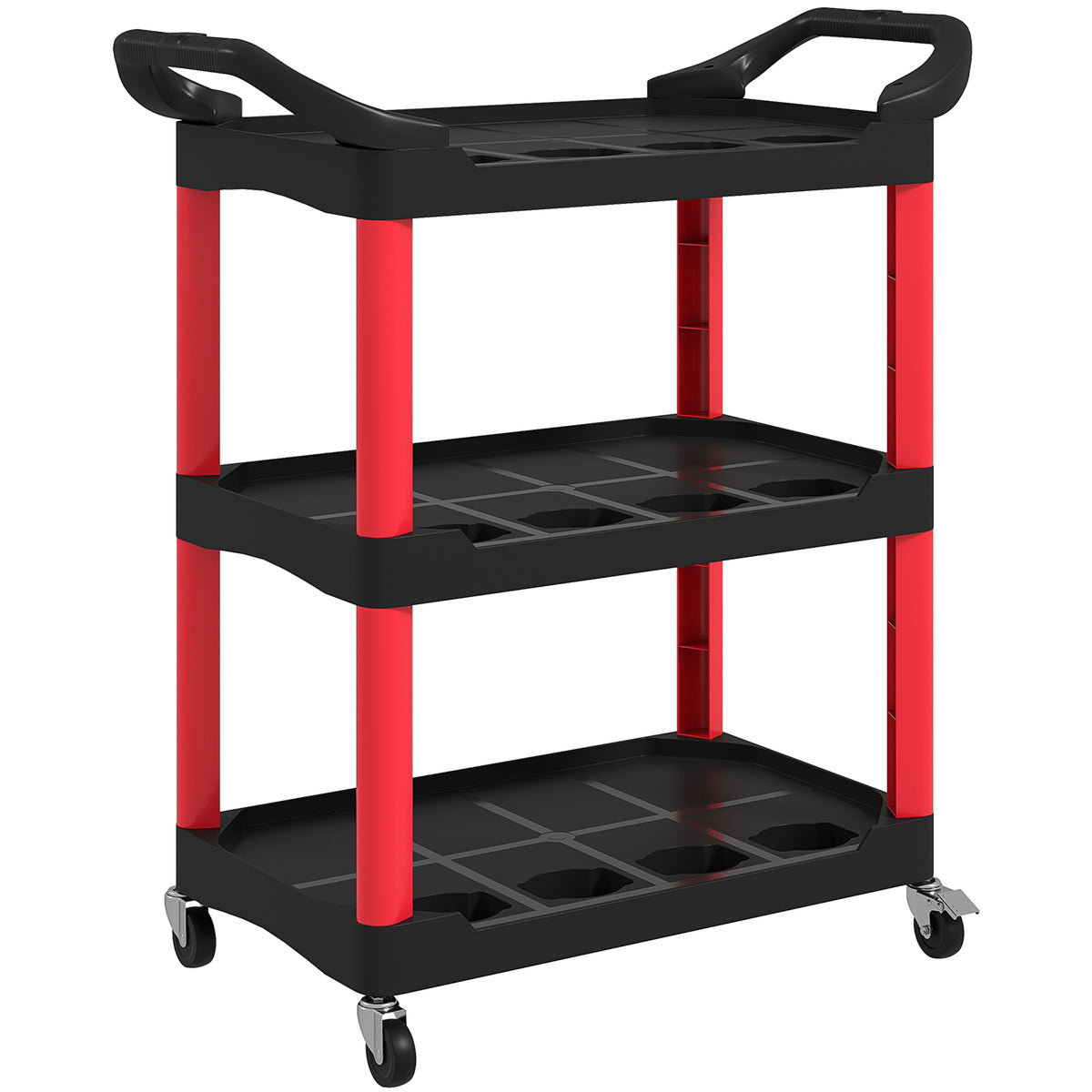3-tier tool cart, side handles, wheels, plastic, red