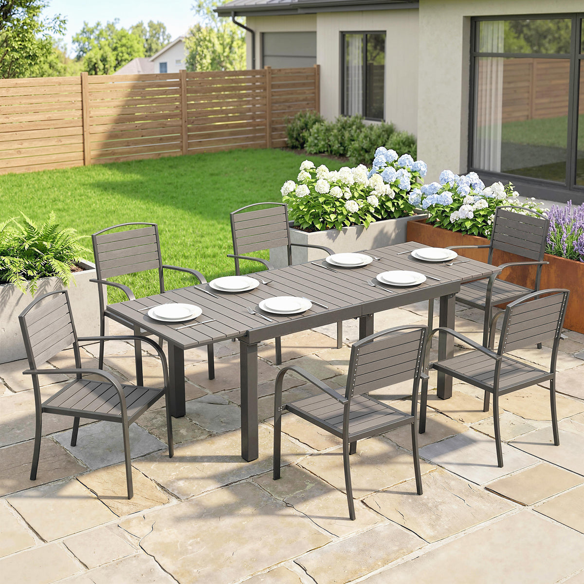 Garden dining set, 6 people, 7-piece, extendable table with 6 chairs, wood look, weather-resistant, aluminum (2)
