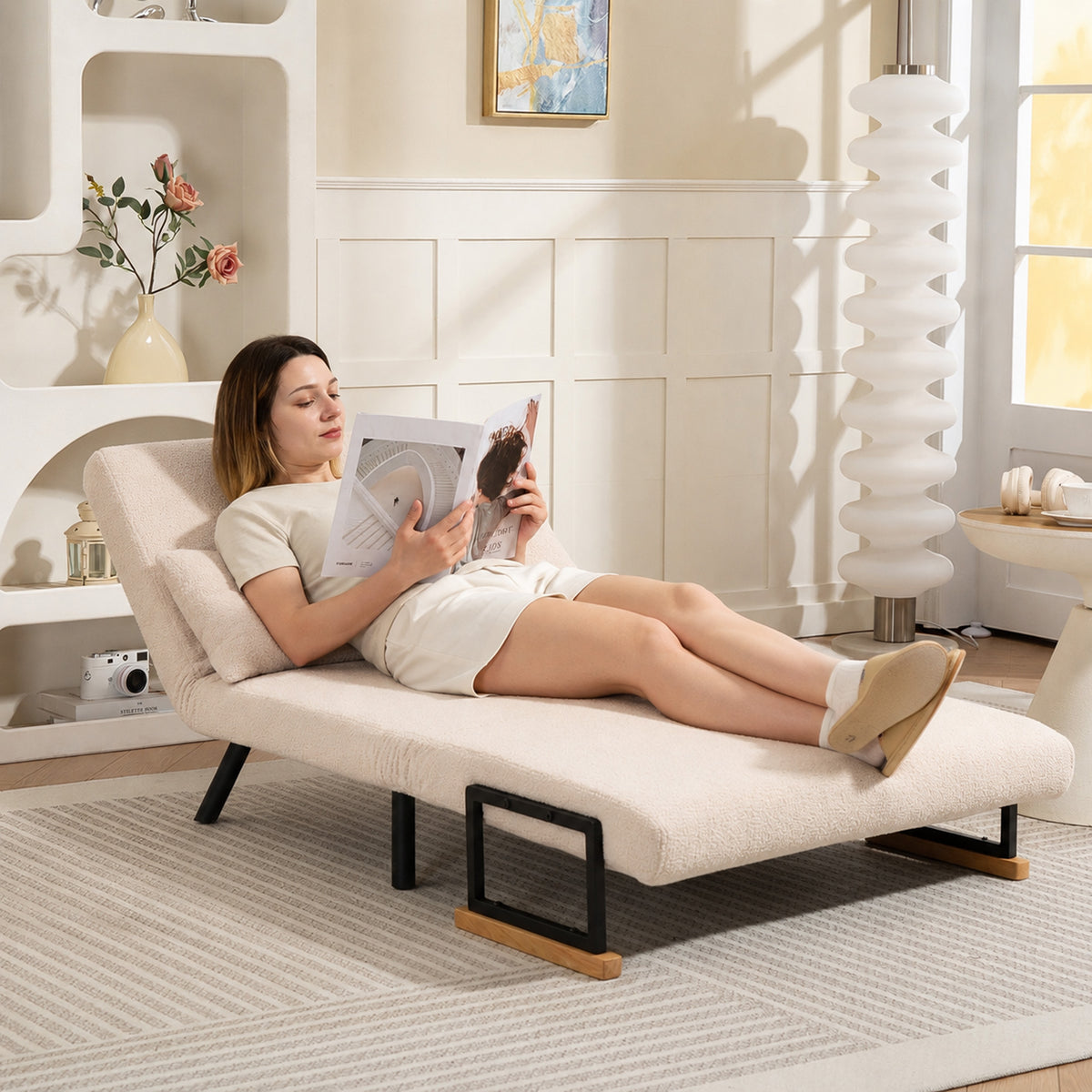 Sofa bed, 2-seater velvet sofa, sleeper function, incl. 2 cushions, velvet look, nature + beige + black (2)