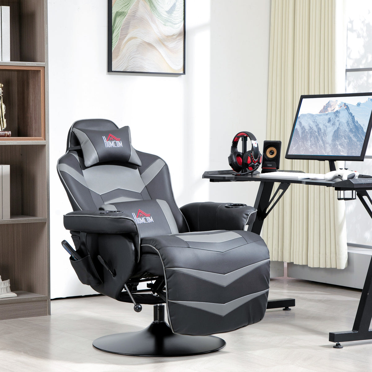 Gaming chair, massage function, reclining backrest, footrest, up to 120 kg, steel frame, faux leather, gray (2)