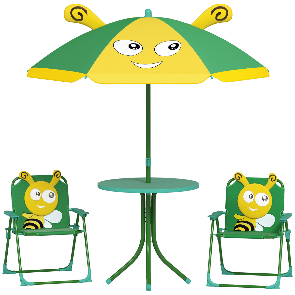 Children's garden furniture set, chairs, table, parasol, bee design, green+yellow