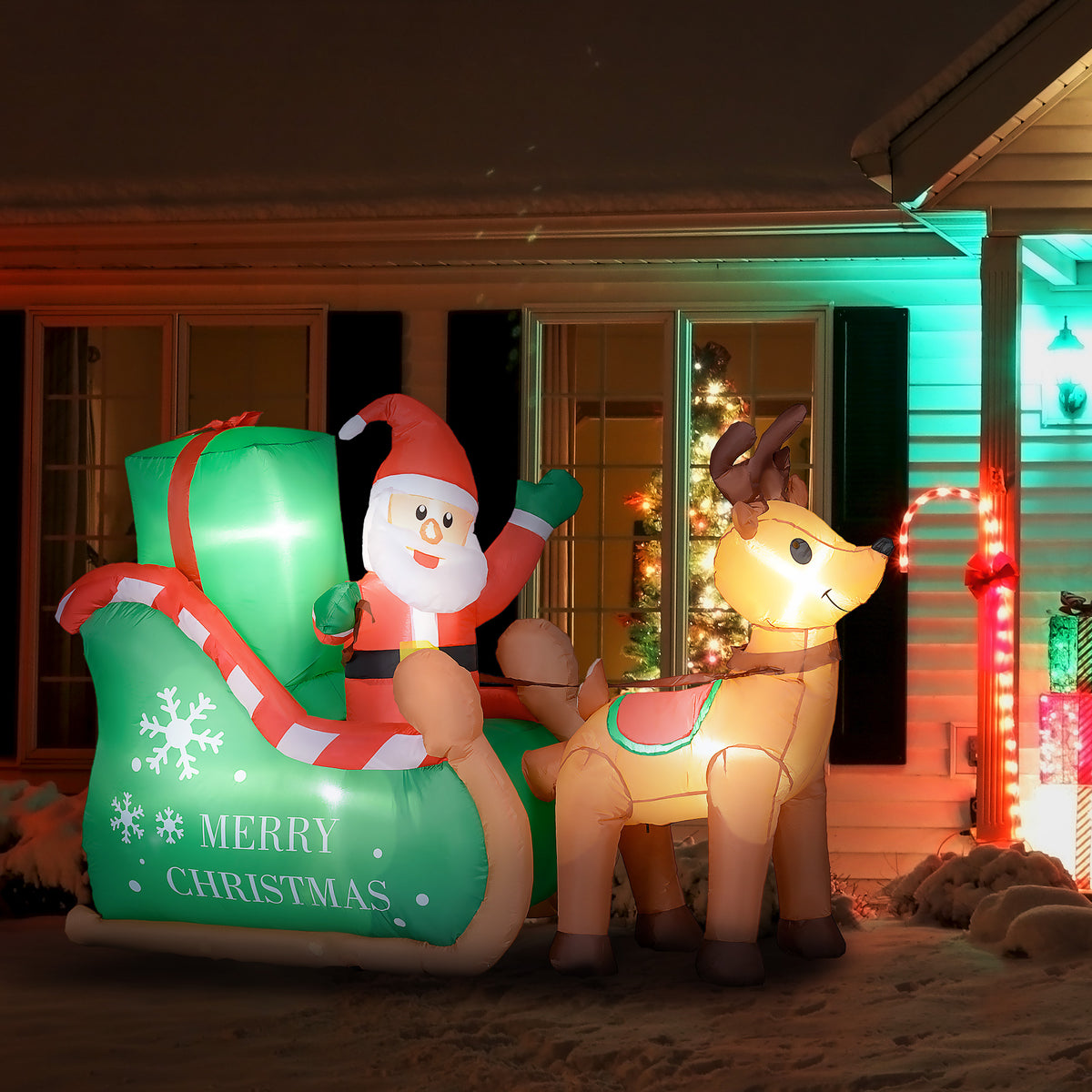Santa Claus with sleigh & reindeer, inflatable, white LED lighting, 210 x 80 x 140 cm (2)