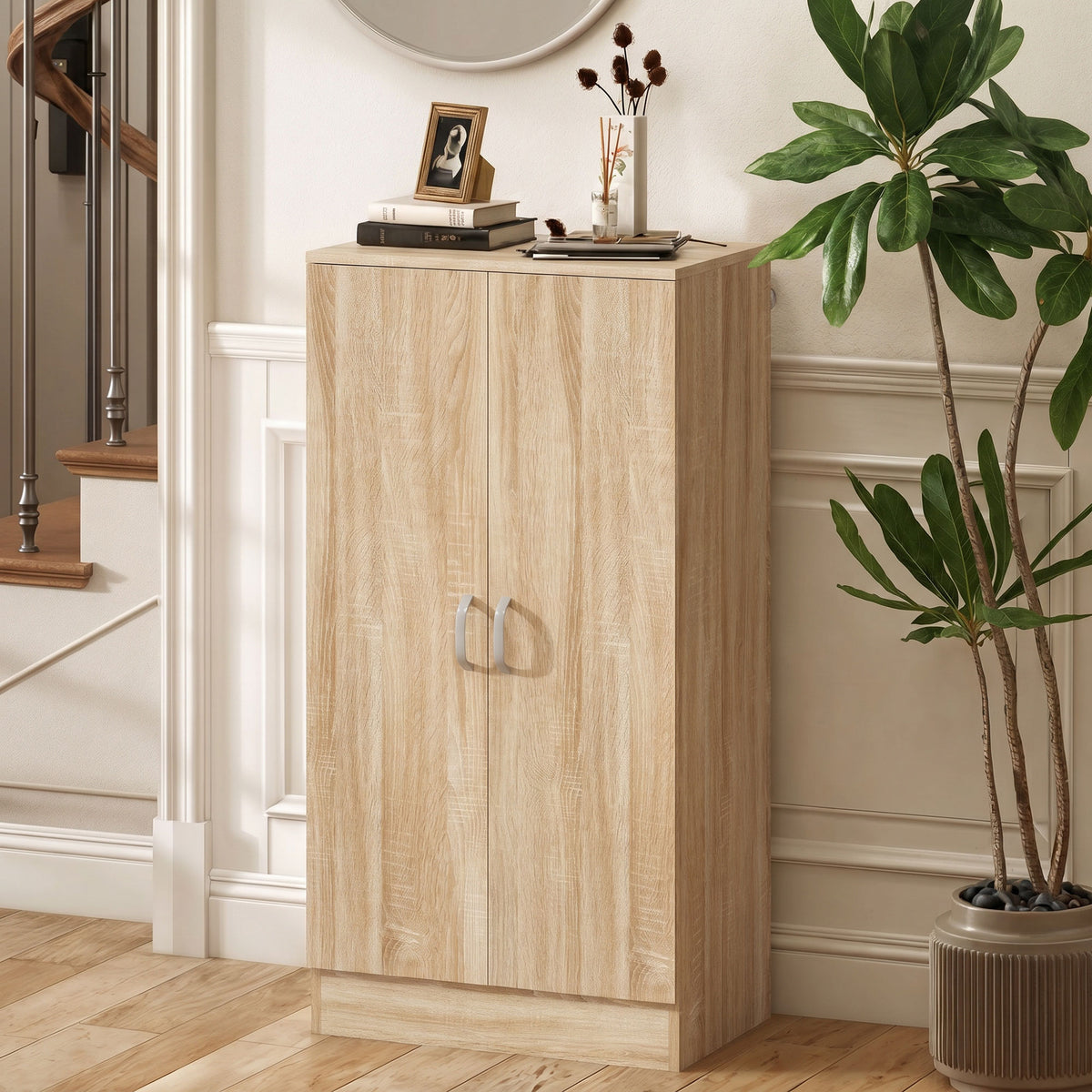 Shoe cabinet with 2 doors, 6 adjustable shelves, soft-close hinges for 14 pairs of shoes, natural wood (2)