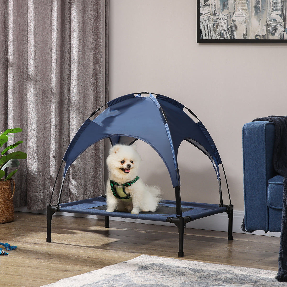 Pet bed with canopy, dog bed, foldable, weather-resistant, blue (2)