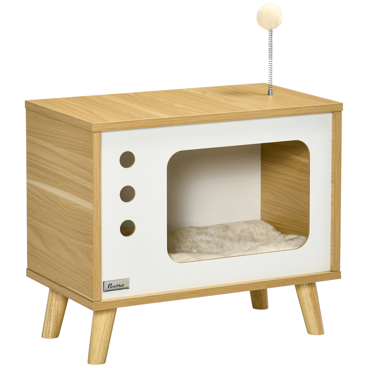 TV-design cat cave incl. toy, washable cushion, 50 cm x 28 cm x 43 cm, oak + beige + white
