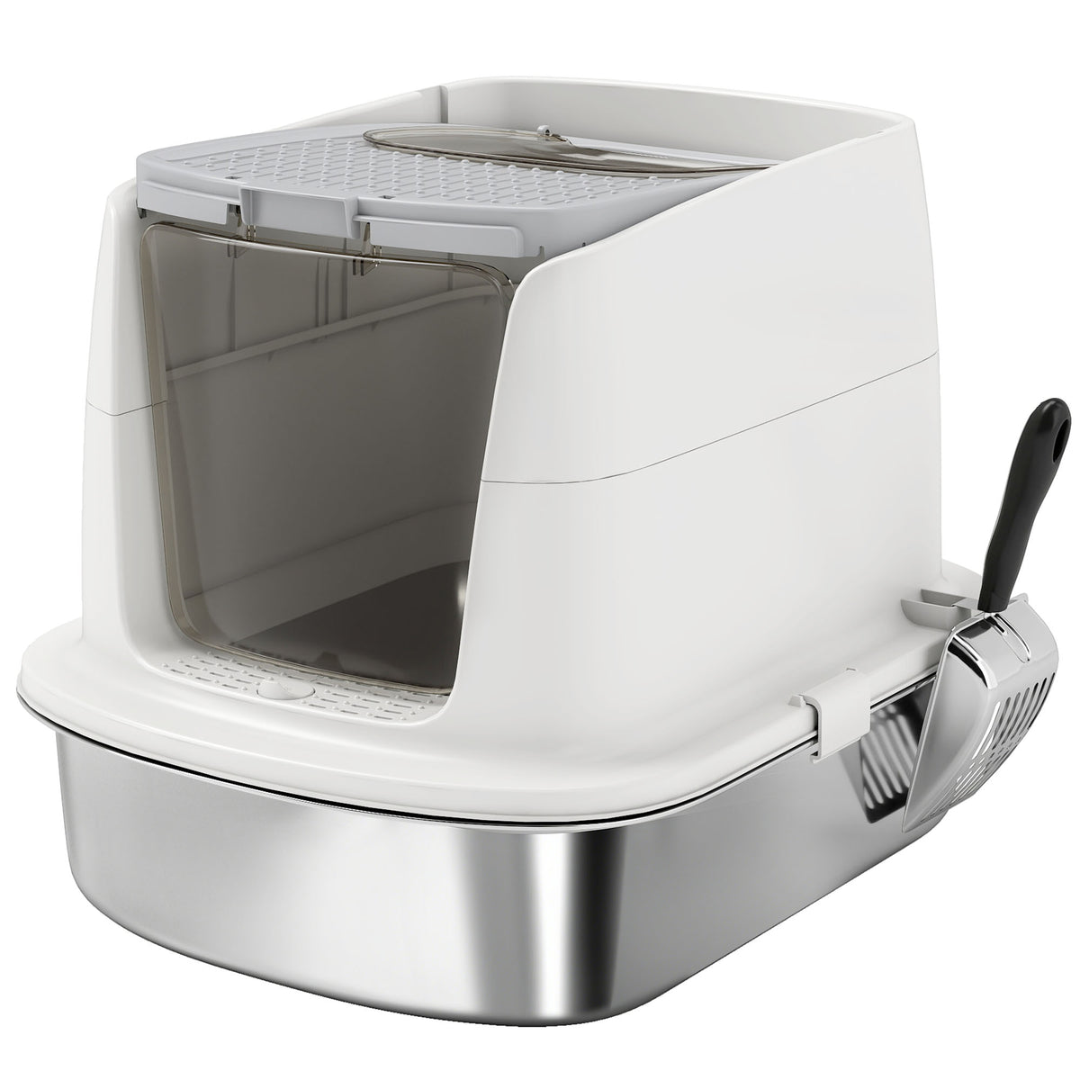 Stainless steel litter box, enclosed litter box with scoop, odor bags, entry and exit