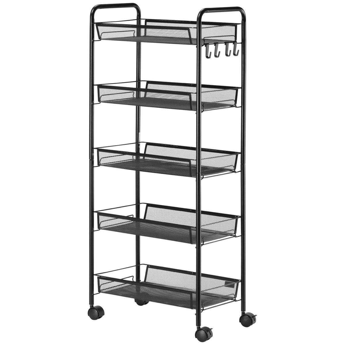 Kitchen trolley with 5 wire baskets, 4 hooks, 4 casters, 2 handles, steel/plastic, 45x26.5x106 cm, white