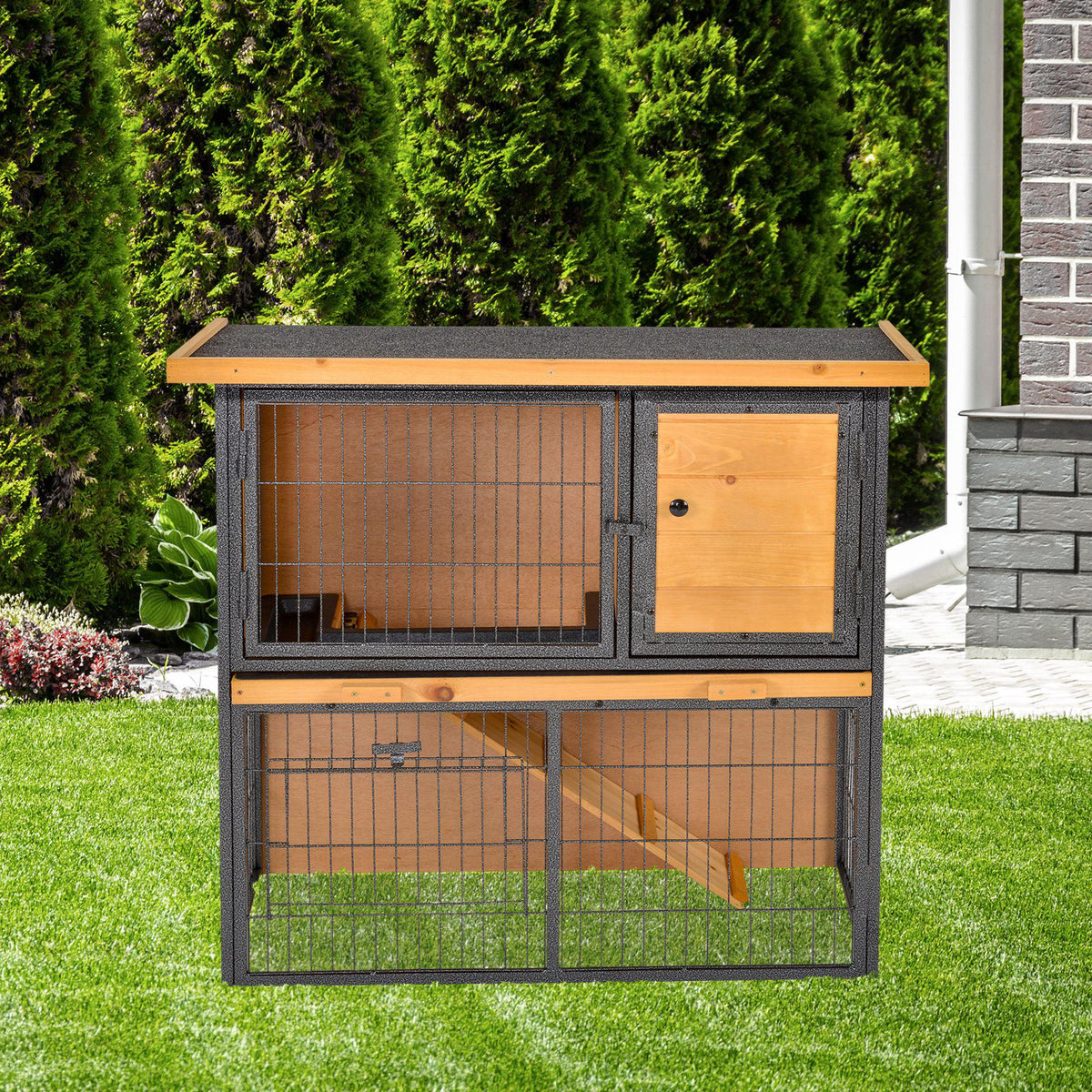 Small animal hutch, raised pet house cage with lockable door, wood-metal, light yellow, 89.5 x 45 x 81 cm (2)