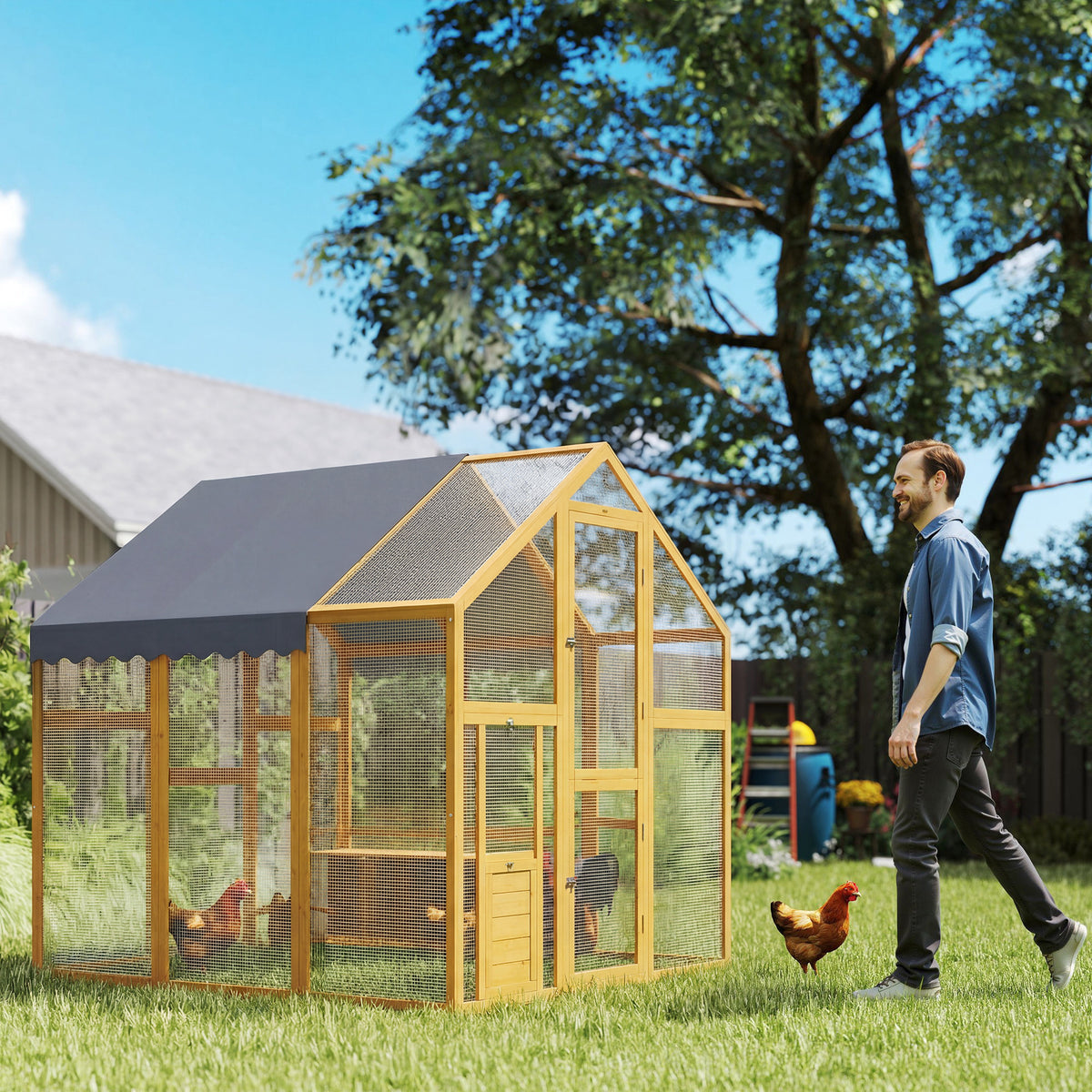Chicken coop 3.07m² wooden outdoor enclosure with waterproof cover, security lock, for 6-8 chickens 1.7 x 1.8 x (2)