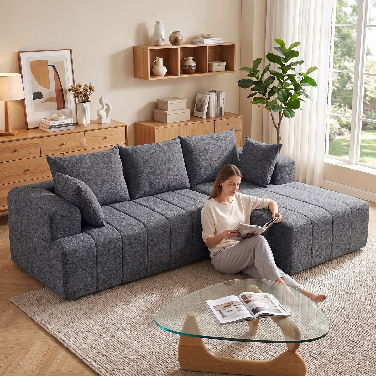 3-seater L-shaped corner sofa with ottoman, convertible chenille cloud sleeper sofa with pocket spring (9)
