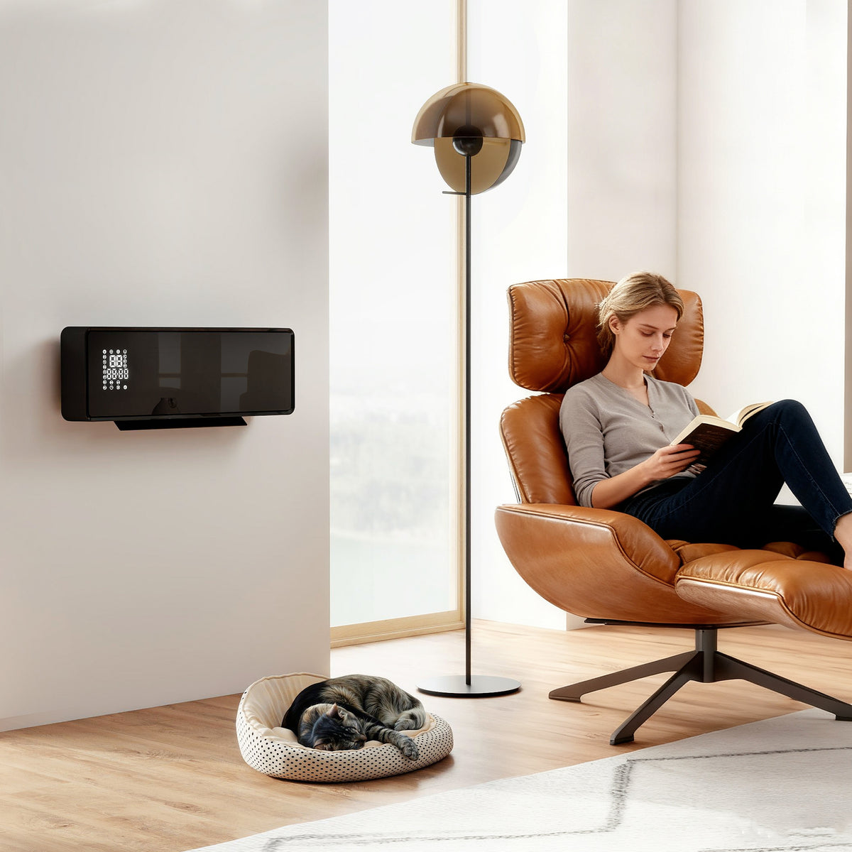 Wall-mounted 2000W ceramic electric heater, fan, thermostat, timer, remote control, glass panel, black – assembled