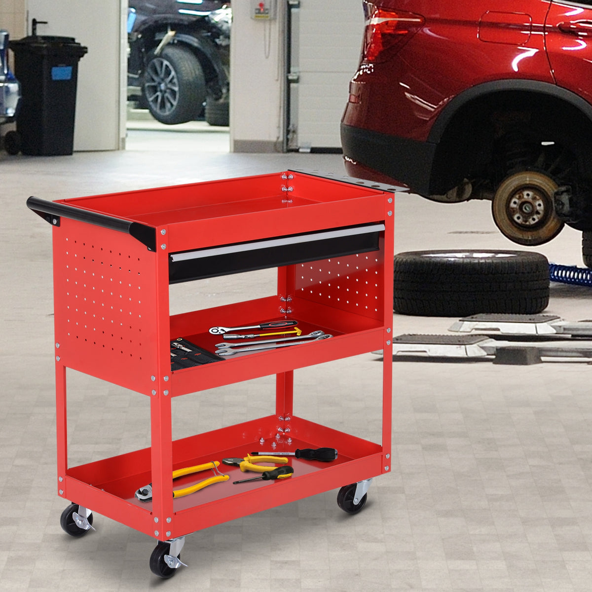 Tool Case Tool Trolley Tool Box, 3 Tiers, 4 Wheels, 82 cm x 35 cm x 76 cm, Red (2)