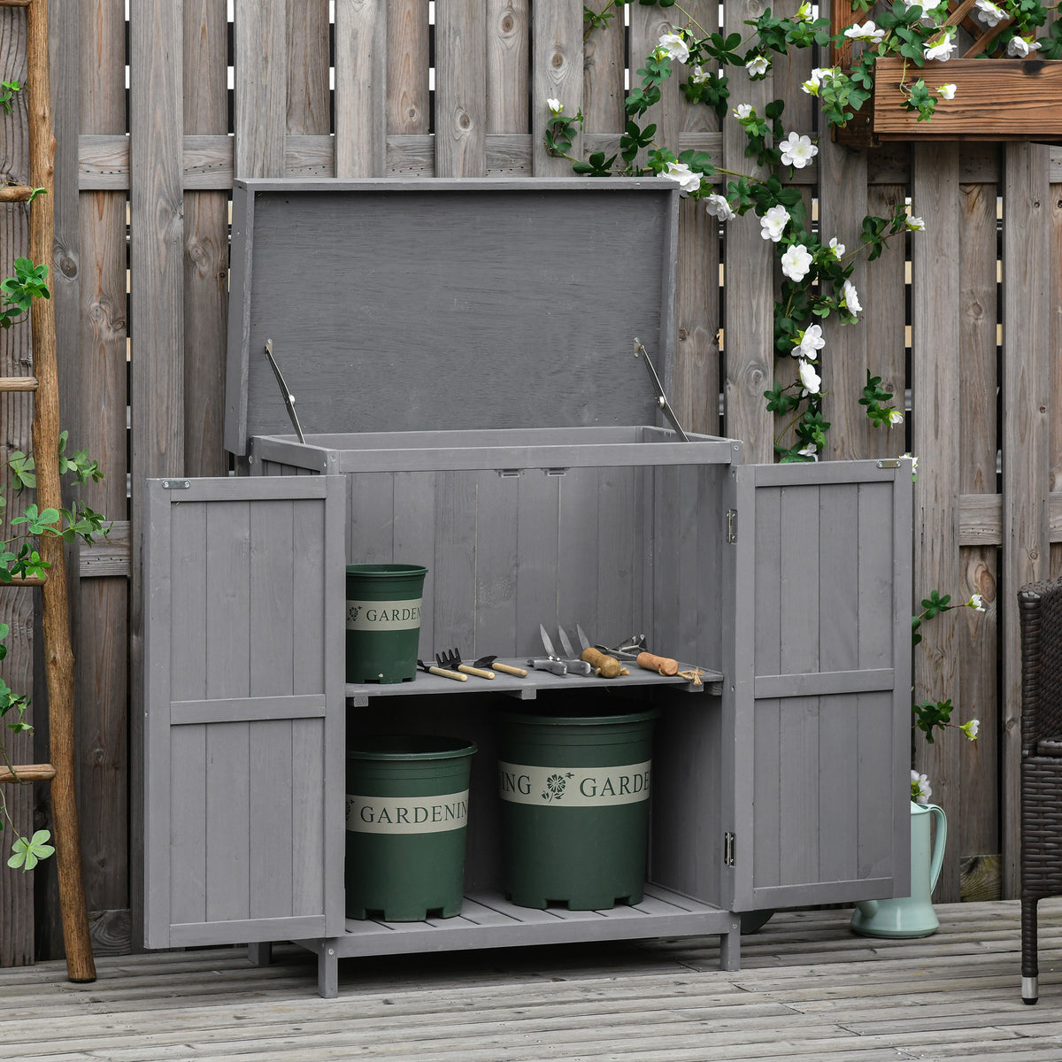 Equipment cabinet, double door, hinged lid, 2 shelves, weatherproof, natural wood, grey, 74 x 43 x 88cm (2)