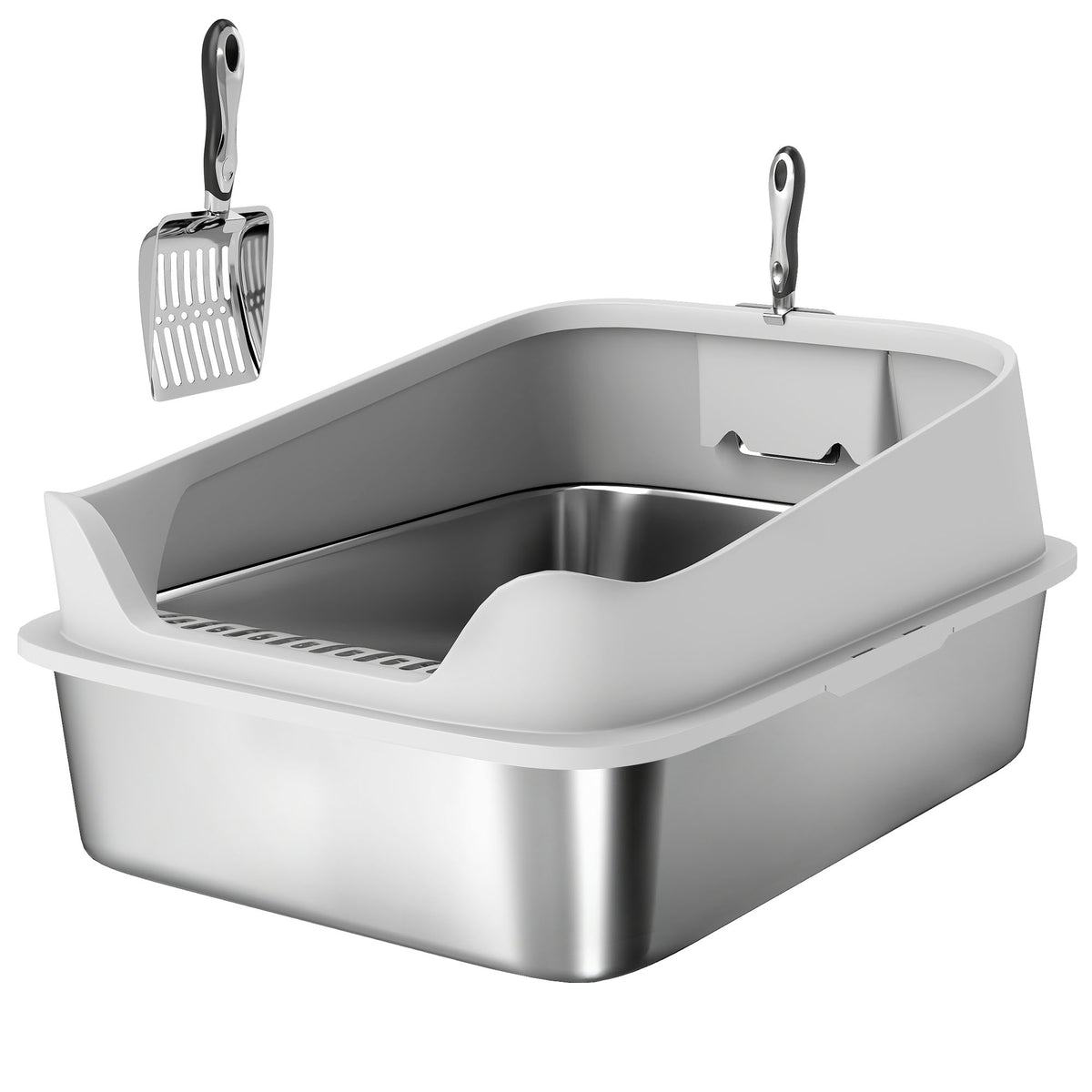 Stainless Steel Litter Box Open Cat Litter Tray with Scoop and High Rim for Large Cats up to 12 kg 69.8 x 50.3 x