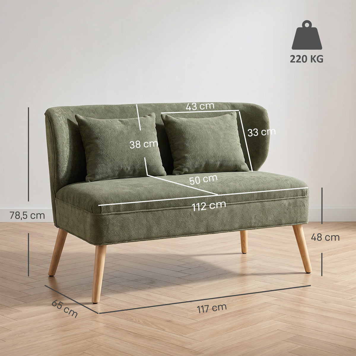 2-seater sofa, small chenille sofa with wingback, thick seat, rubberwood legs, dark green (3)