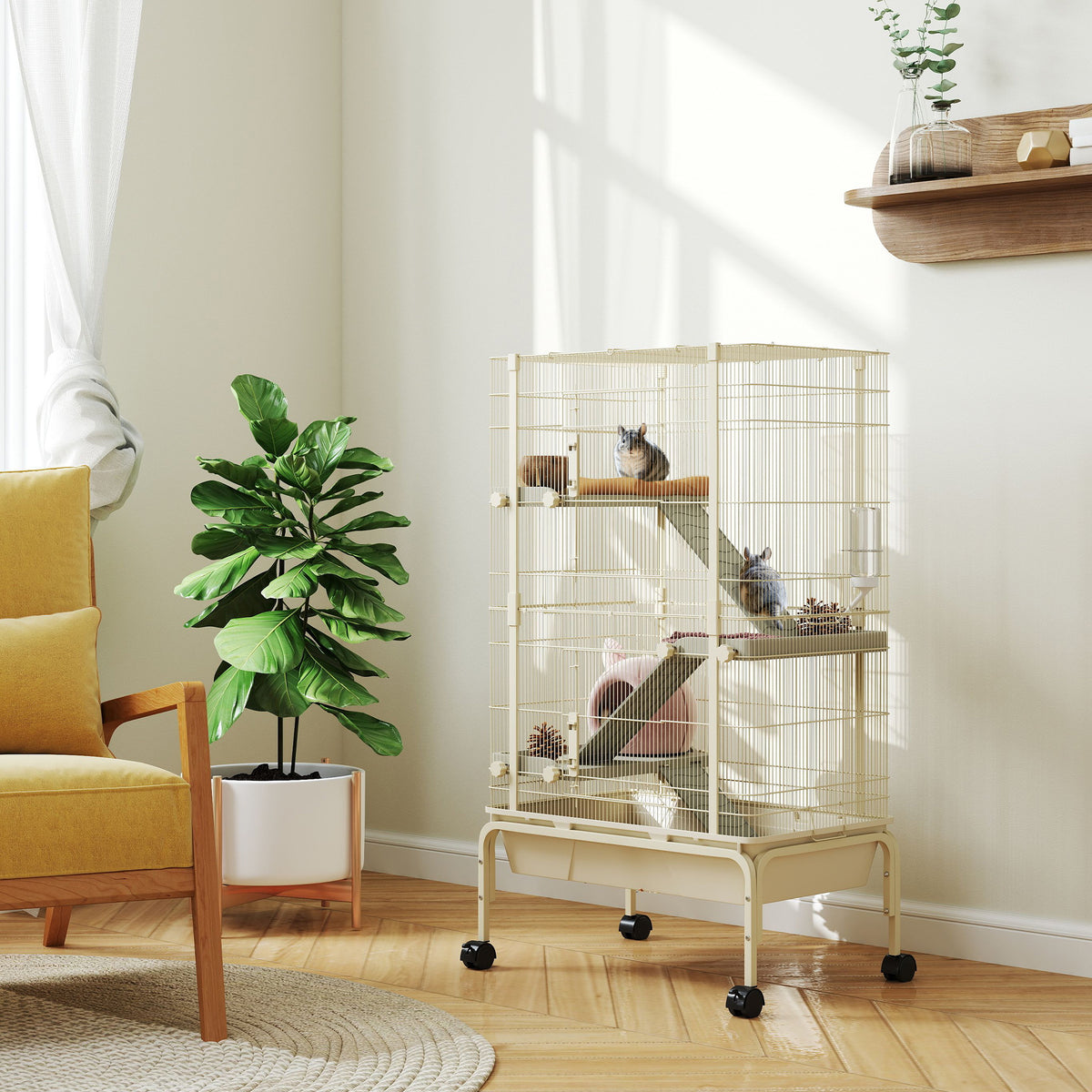Small animal cage, pet cage with 4 levels, feeding bowl, water bottle, 88 x 48 x 150.5 cm, beige (2)