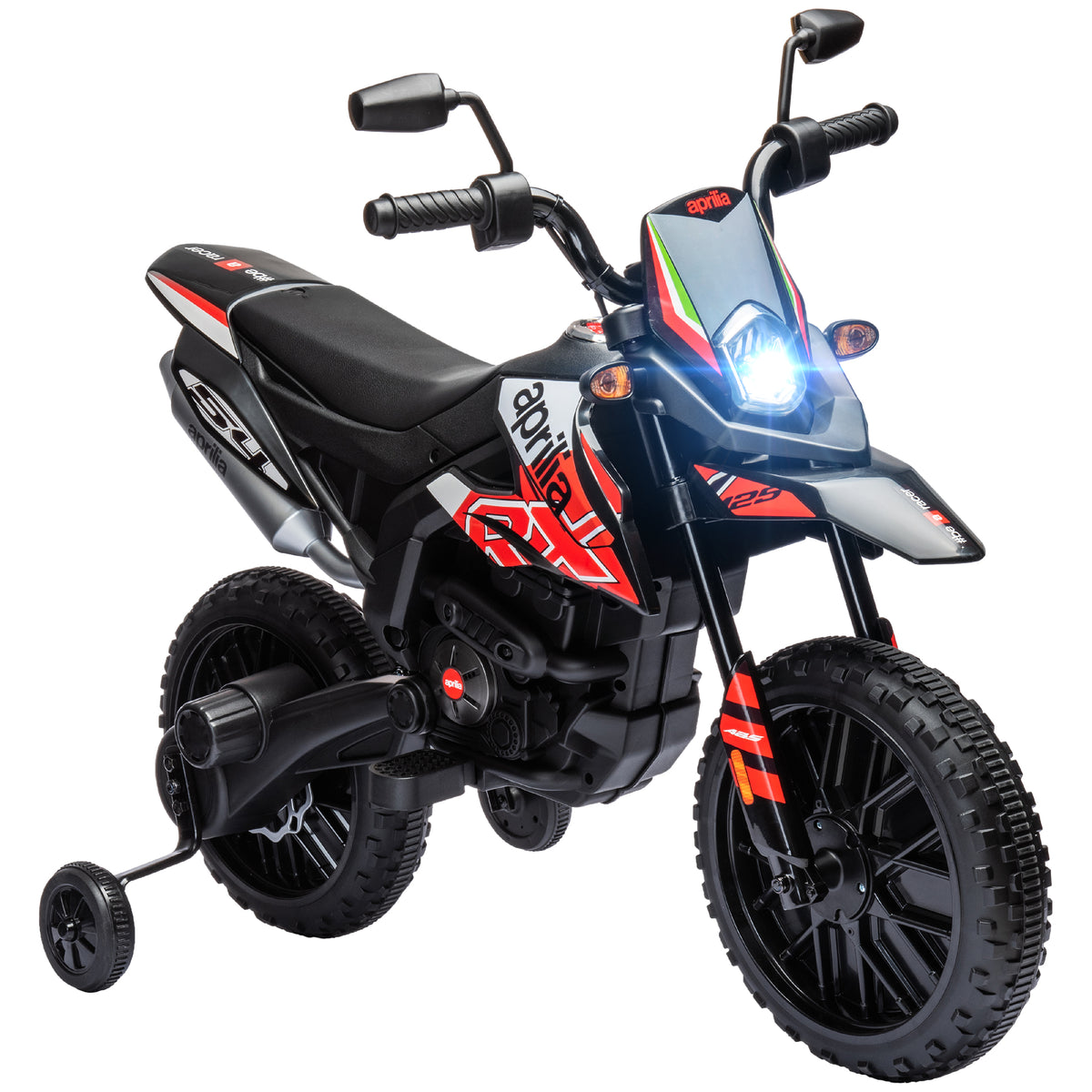 Electric motorcycle for kids, 12V electric motorcycle with 2 motors, training wheels, shock absorbers, 13-inch