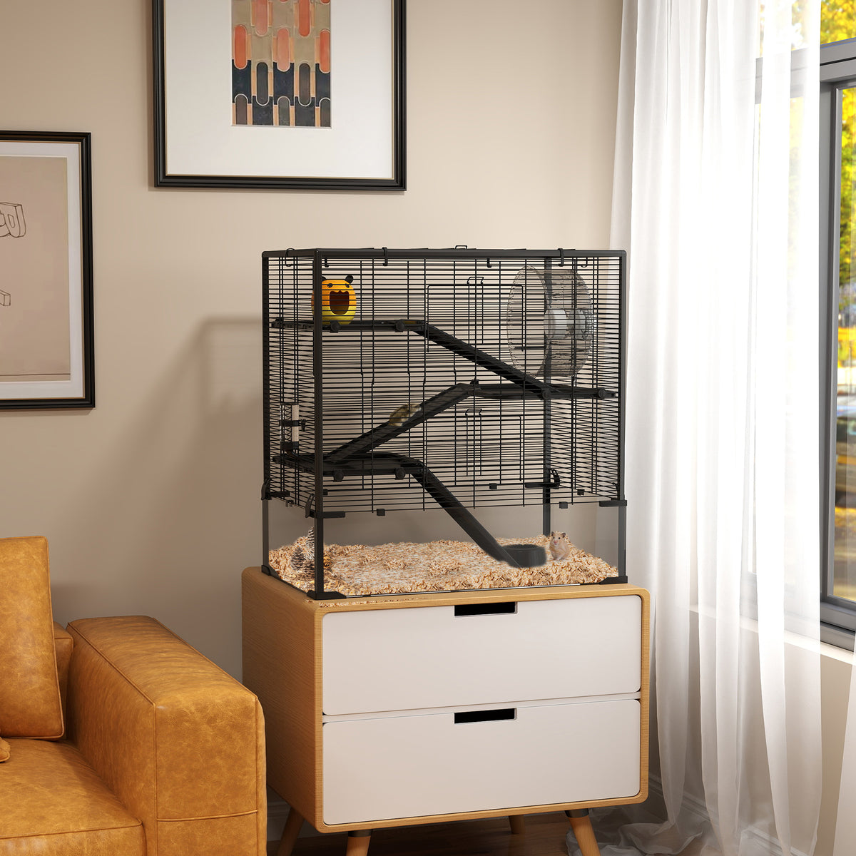 Hamster cage with glass base, 4-tier hamster enclosure with hut and accessories, 78.5L x 48.5W x 80H cm, black (2)
