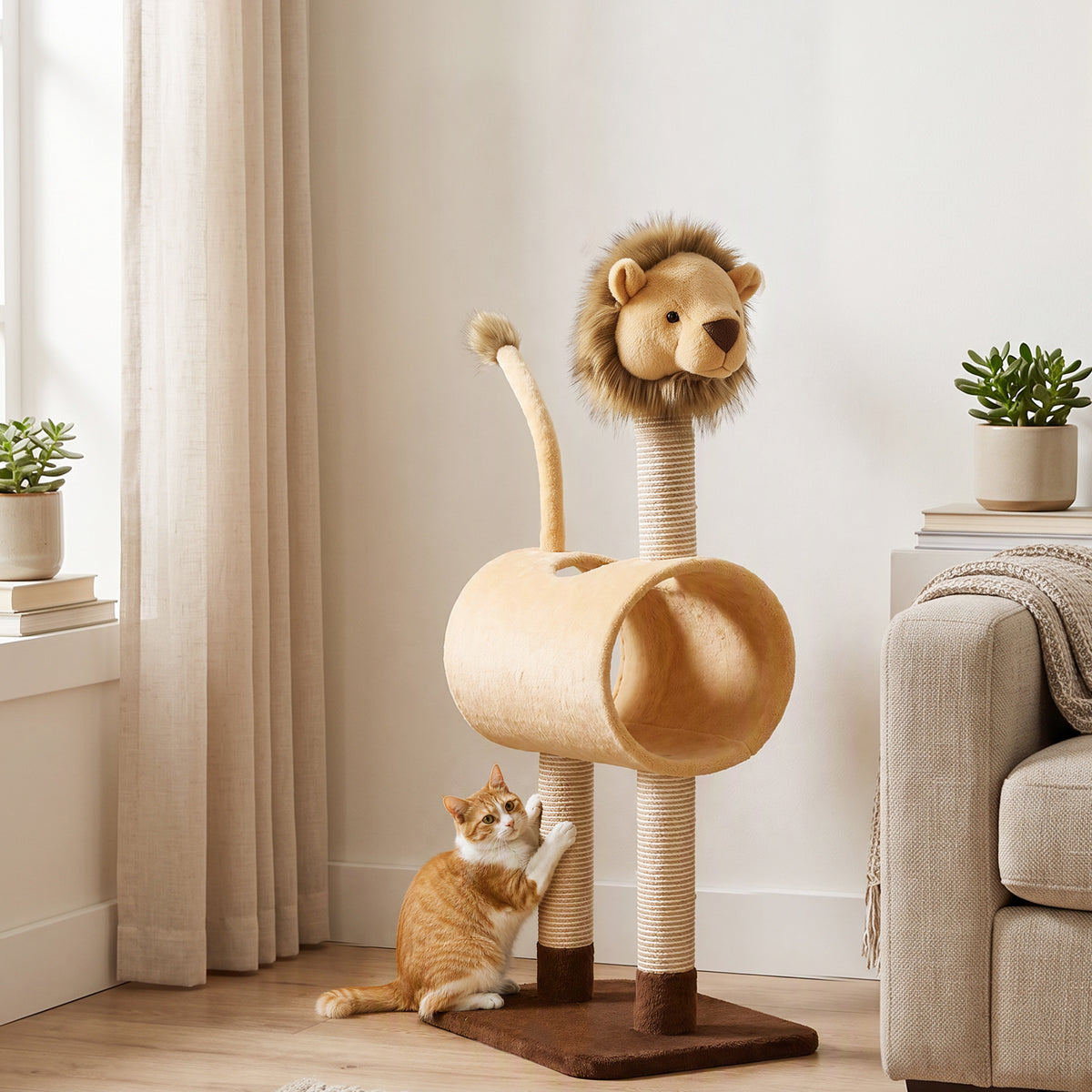 Cat tree 104 cm cat tree with lion design, scratching post, tunnel, hanging tail, for cats up to 7 kg, light (2)
