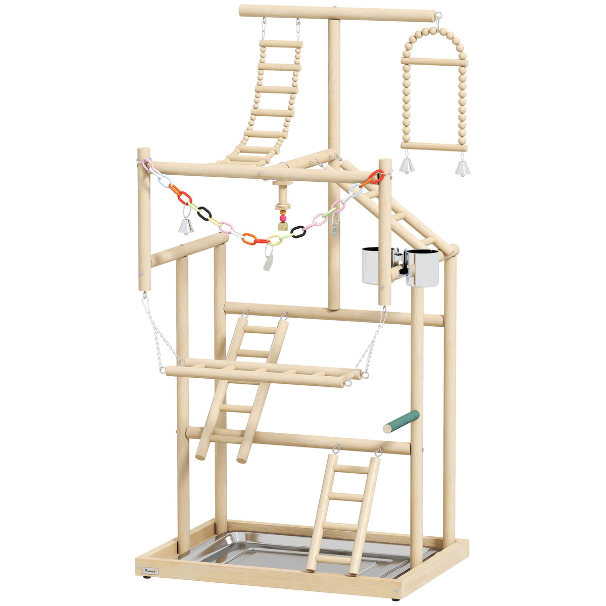 Bird stand, bird perch set, 4 tiers, stainless steel tray, toys, natural wood