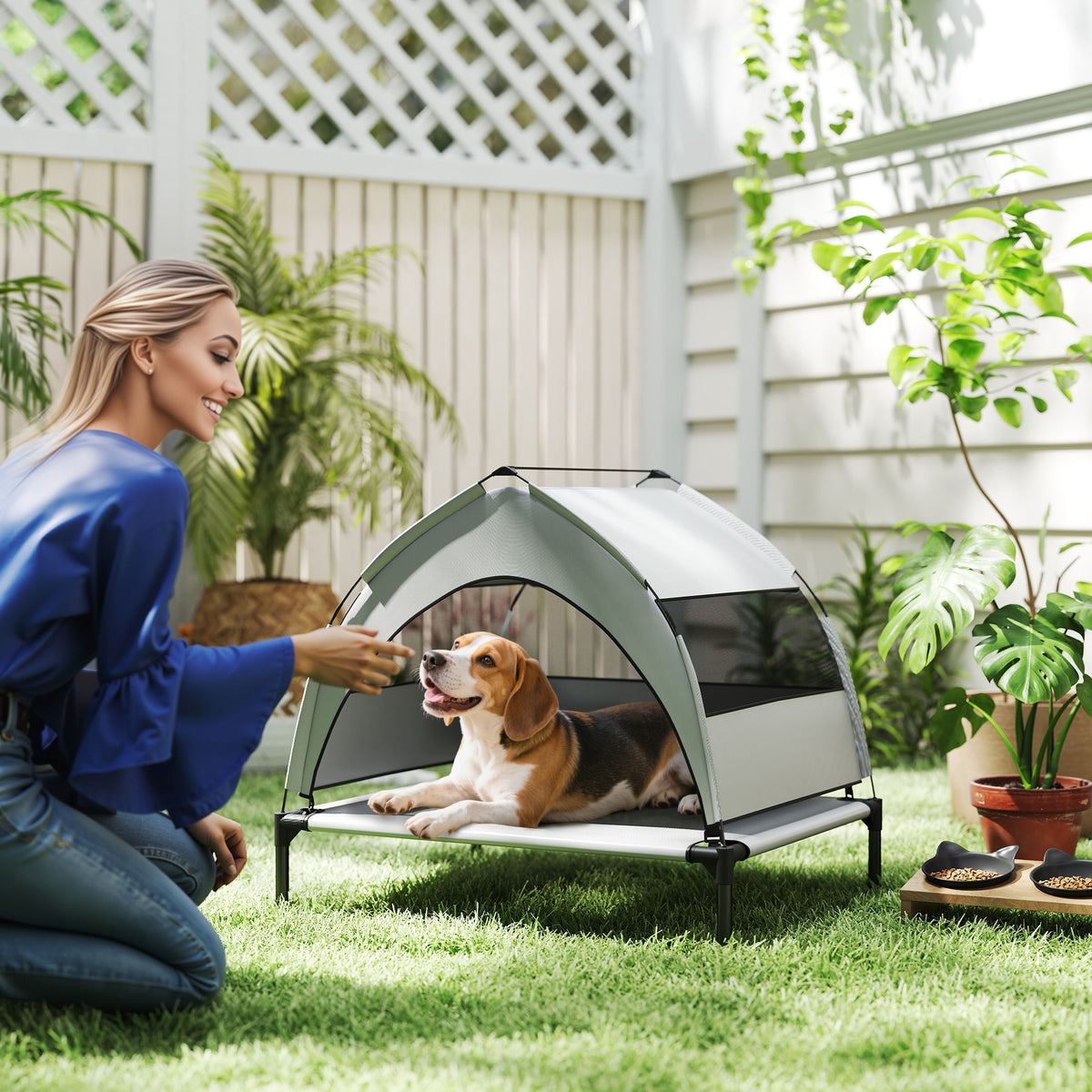 Outdoor Dog Cot with Canopy, Elevated Dog Bed for Medium Dogs, with Steel Frame, 76x61x70cm, Light Grey (2)