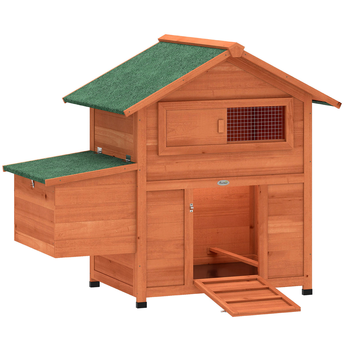 Wooden chicken coop hen house with nesting box, 2 roosting bars, ramp, window, and waterproof roof