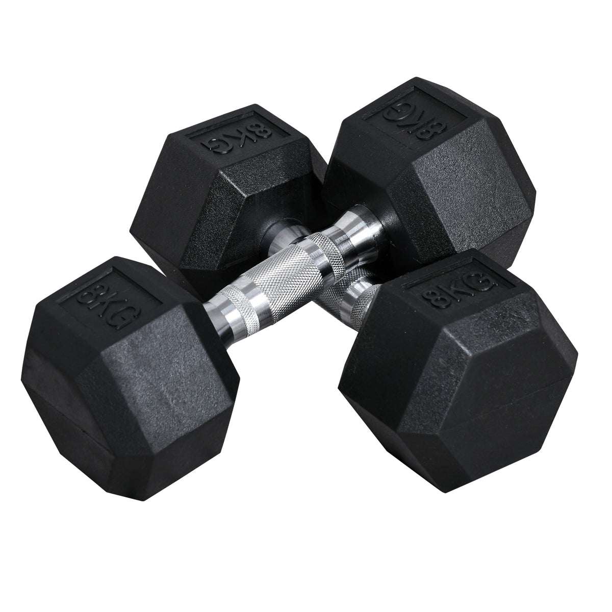 Hexagon cast iron dumbbell, rubber dumbbell, knurled handle, metal/rubber weights, black, 2 x 8 KG