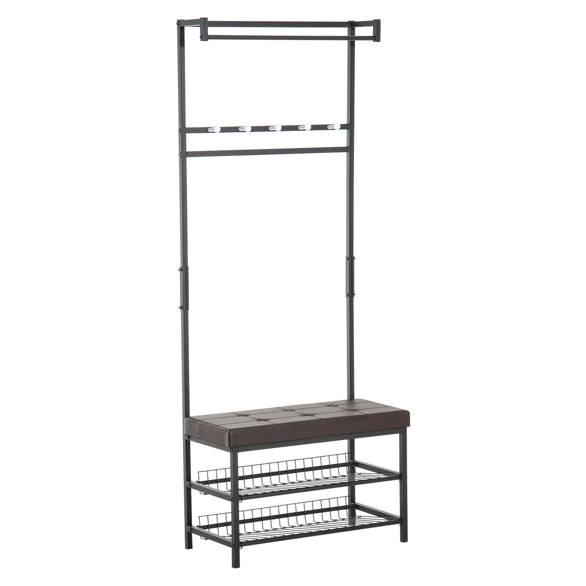Coat rack, clothes stand with 5 hooks and 2-tier shoe bench, metal hall tree for hallway, bedroom, 72.5 x 35 x