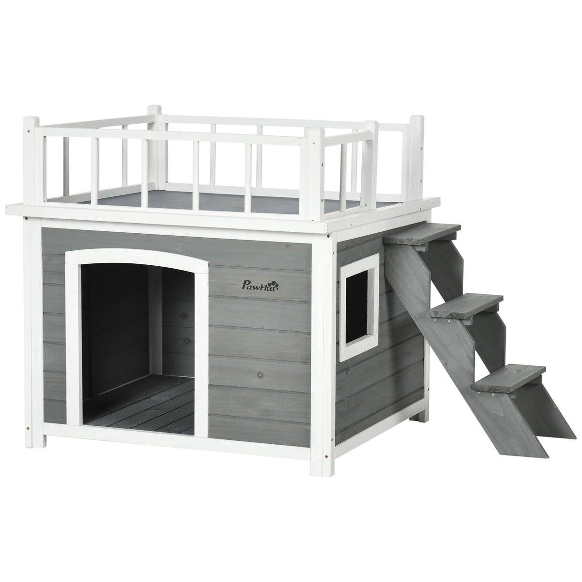 Dog house, roof terrace, stairs, window, raised base, natural wood, light grey, 121 x 77 x 78cm