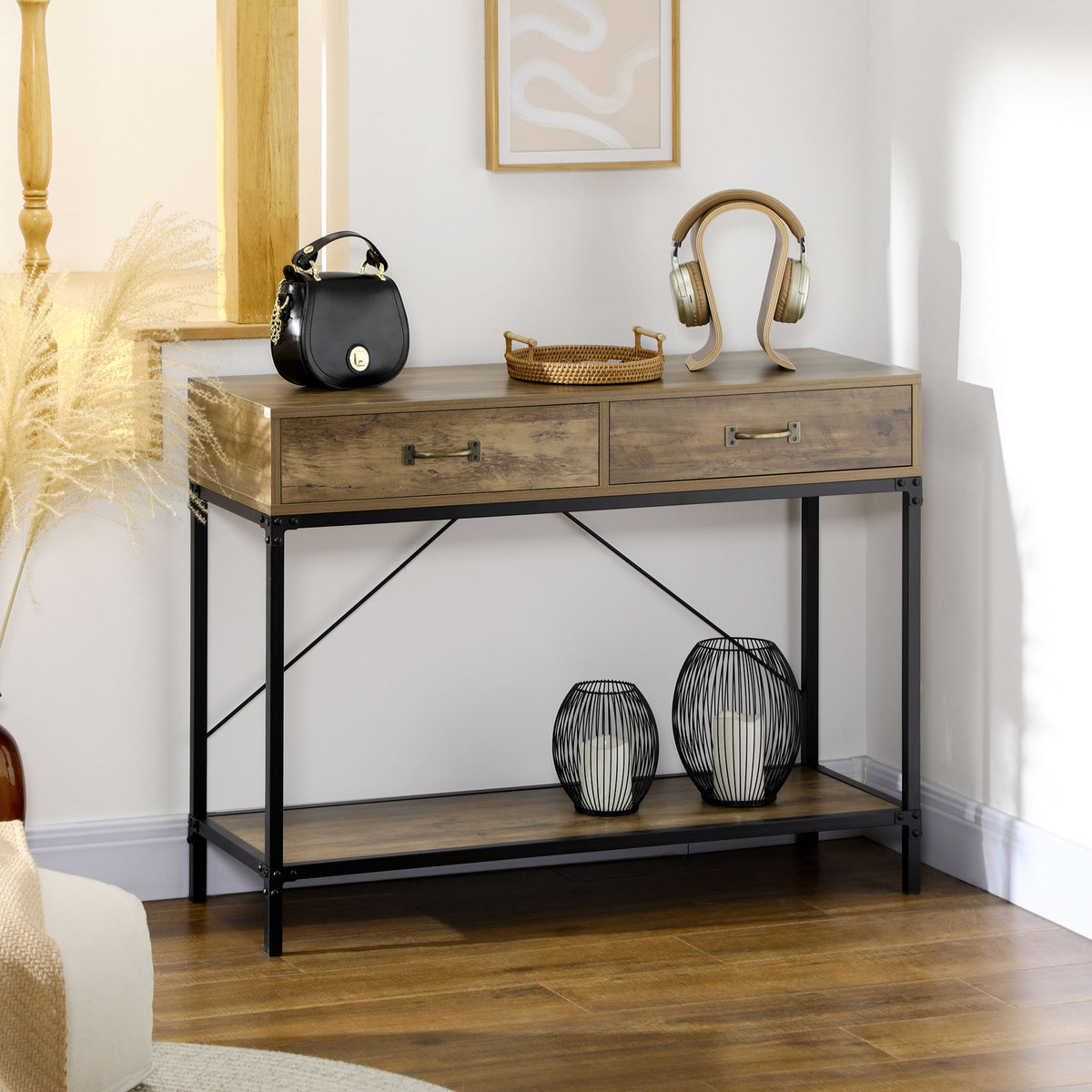 Console Table Hallway Table with Shelf and 2 Drawers, 100 x 35 x 76.5 cm Side Table Sofa Table Display Table for (2)