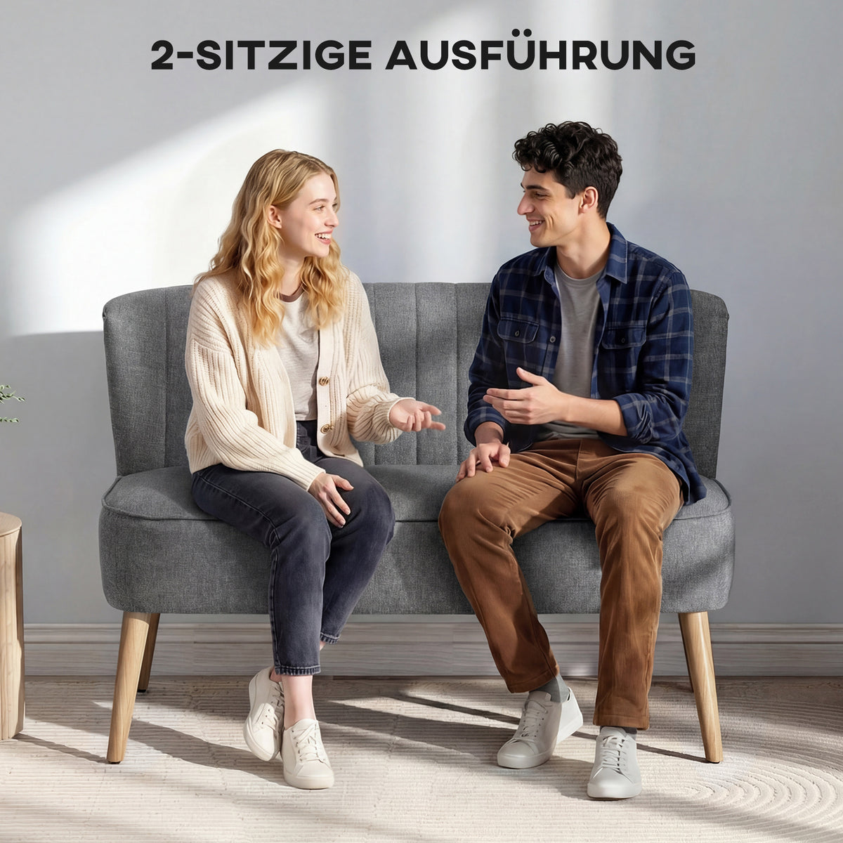 2-seater sofa, linen-look upholstered sofa, wooden frame, for living room bedroom, 117 cm, gray (6)