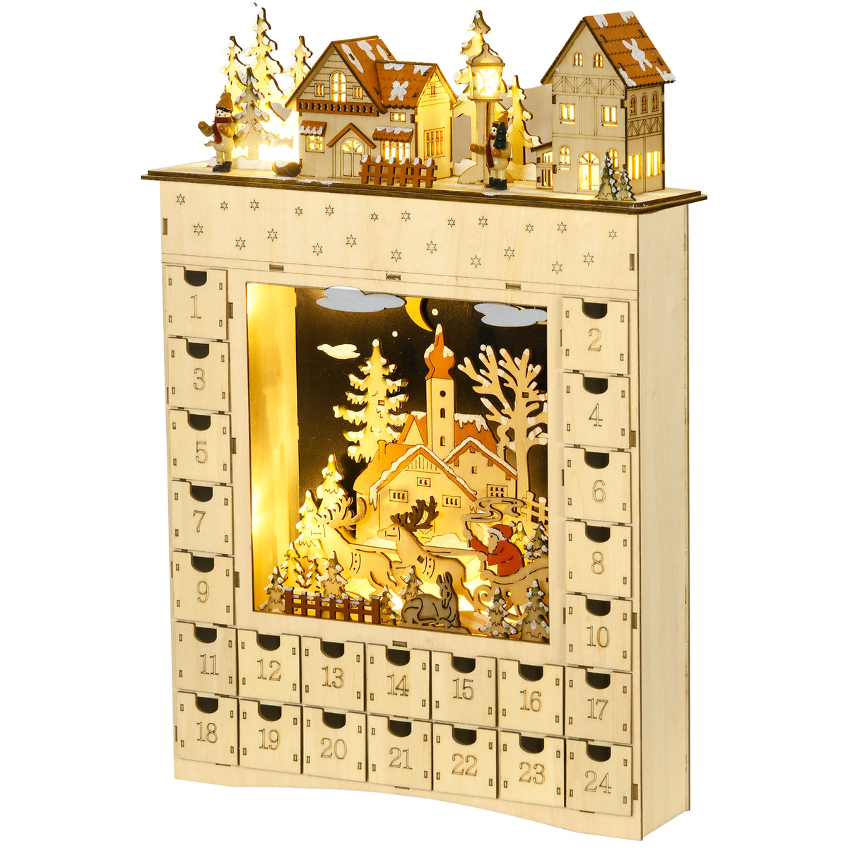 Advent calendar to fill, 24 drawers, compartments, Christmas calendar with LED lights, natural wood, 36 x 9 x 52