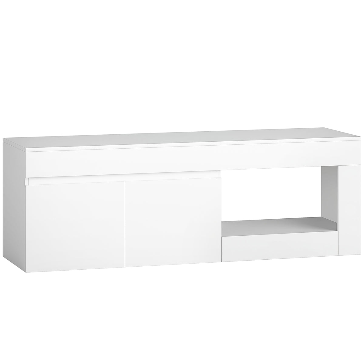 Modern TV stand for the living room with 2 doors, open compartment and handles, for TVs up to 60 inches, 140 x