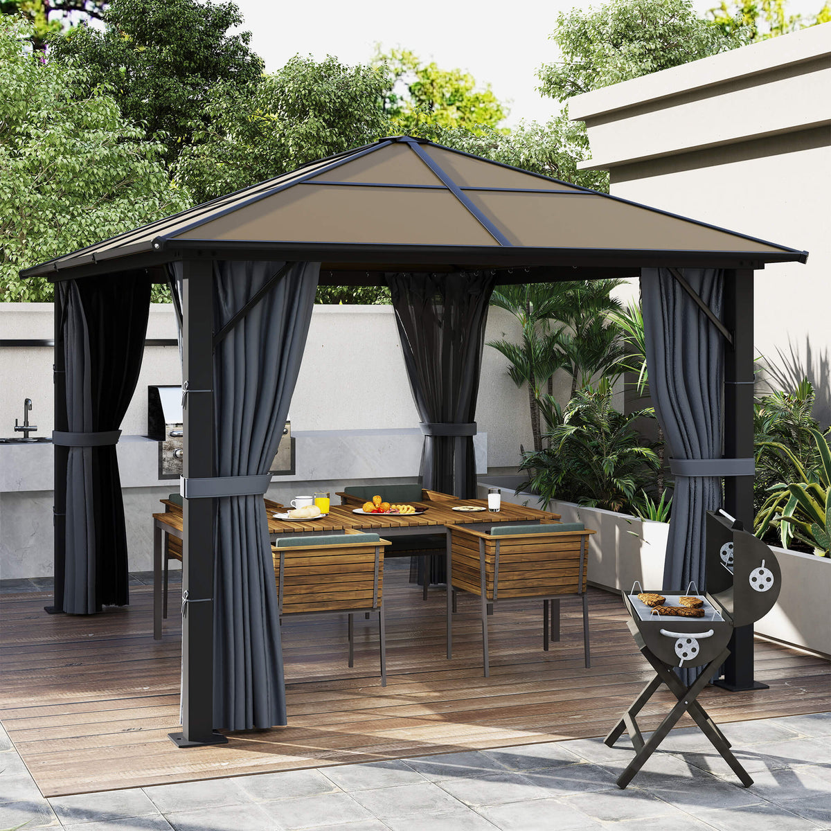 Pavilion with polycarbonate roof, curtains with mosquito net, aluminum frame, dark gray, 3 x 3 m (2)