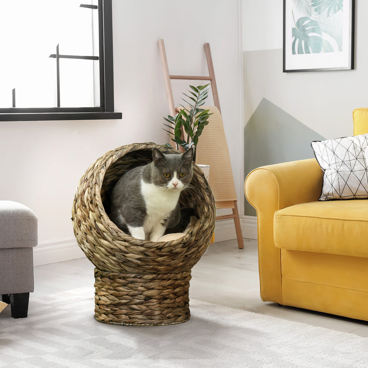 Rattan cat basket cat cave cat house cat bed with cushion pet bed water hyacinth coffee 40 x 37 x 51 cm (10)