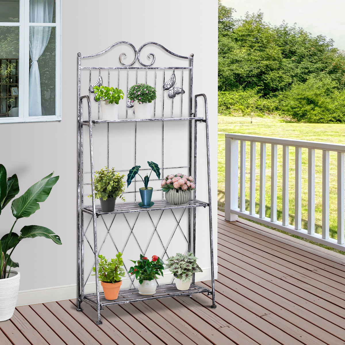 Plant shelf plant stand flower rack flower stand flower stairs garden shelf 3 tiers metal silver-gray 44 x 25 x (2)