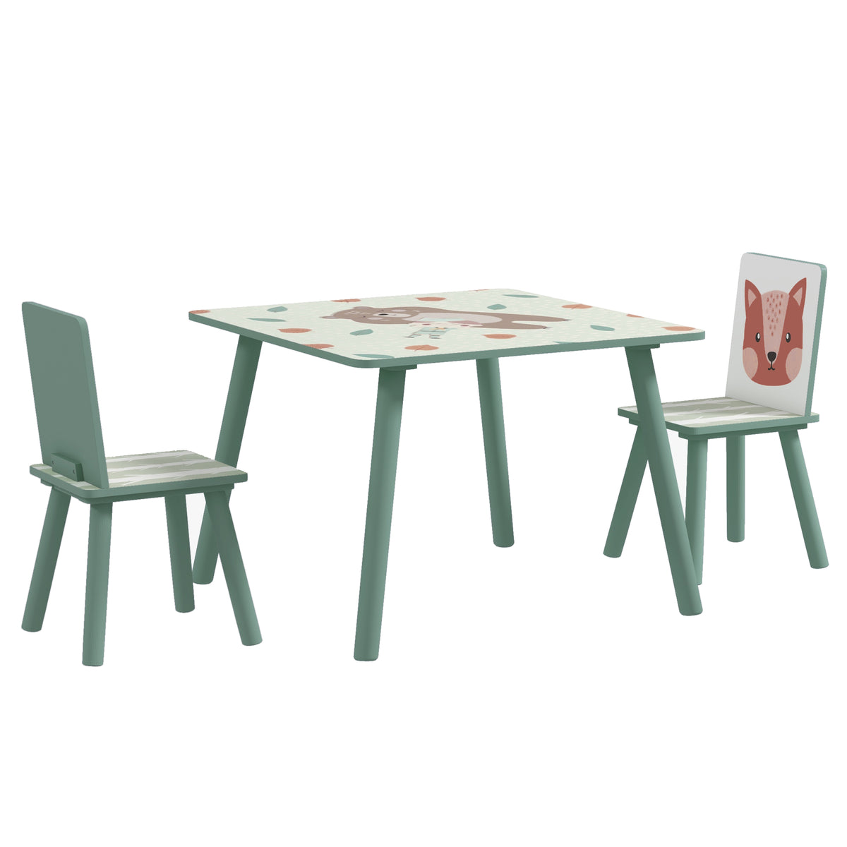 Children's table and chair set for ages 3-8, 1 table & 2 chairs, cute animal motif, green