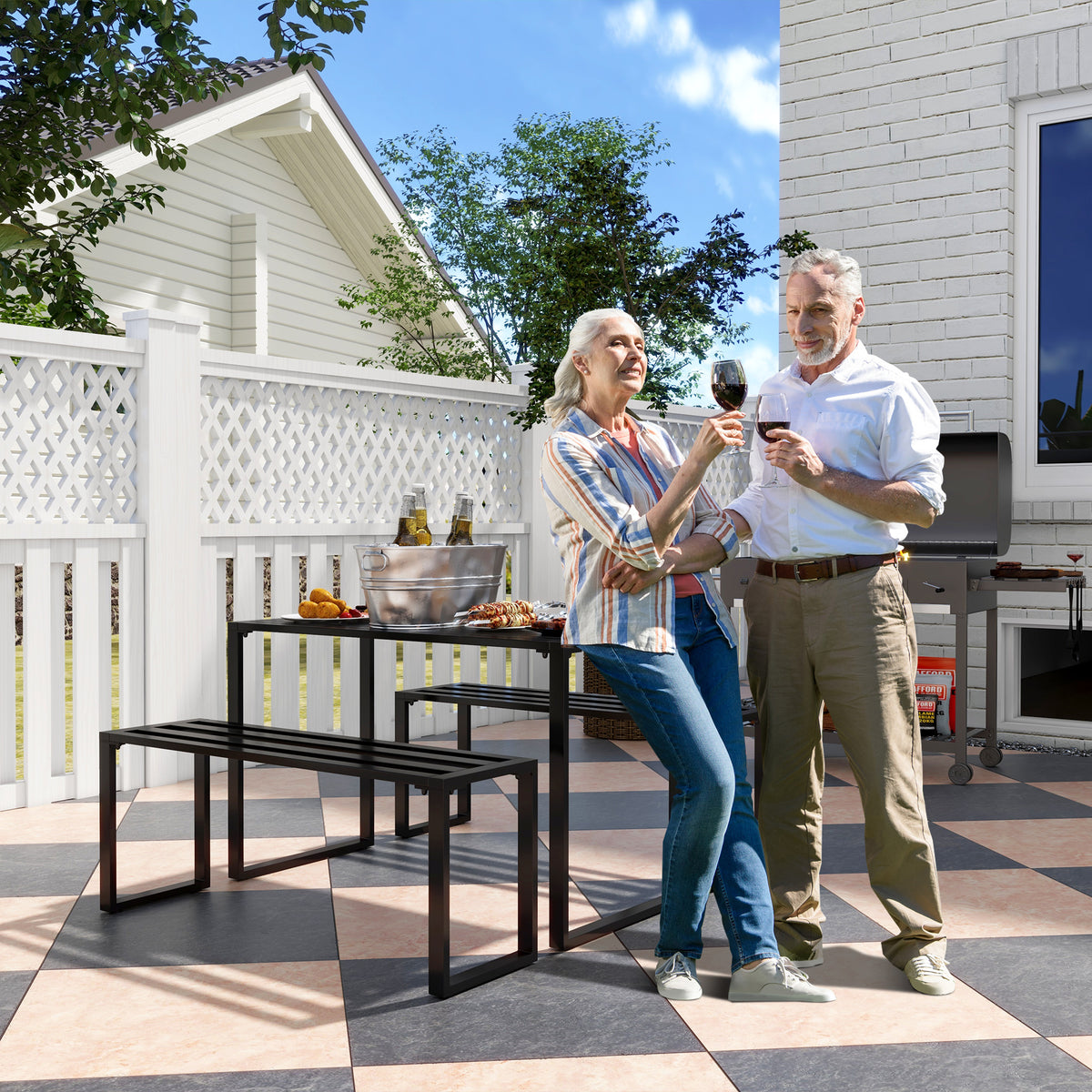 Garden furniture set for 4 people, 1 table & 2 benches, metal, black (2)