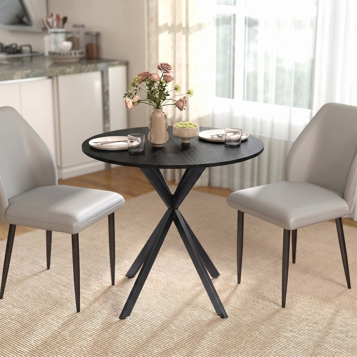 Round kitchen table, 80 cm, compact tabletop, chipboard, metal, black (2)
