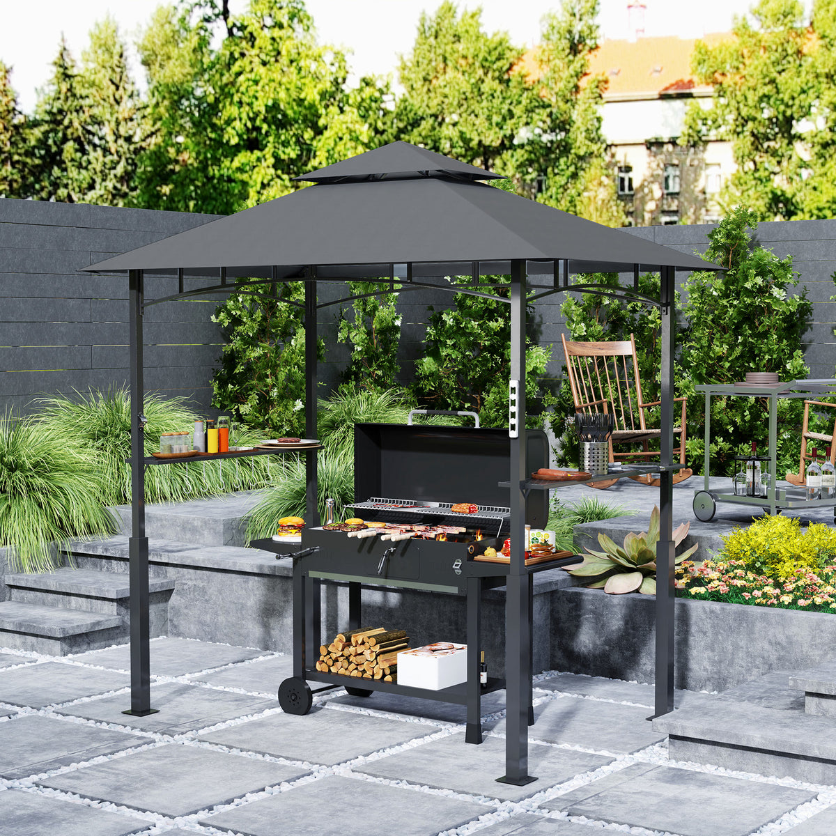 Grill gazebo, garden grill tent with spice racks, LED lighting, metal, plastic, 243L x 148W x 248H cm, grey (2)