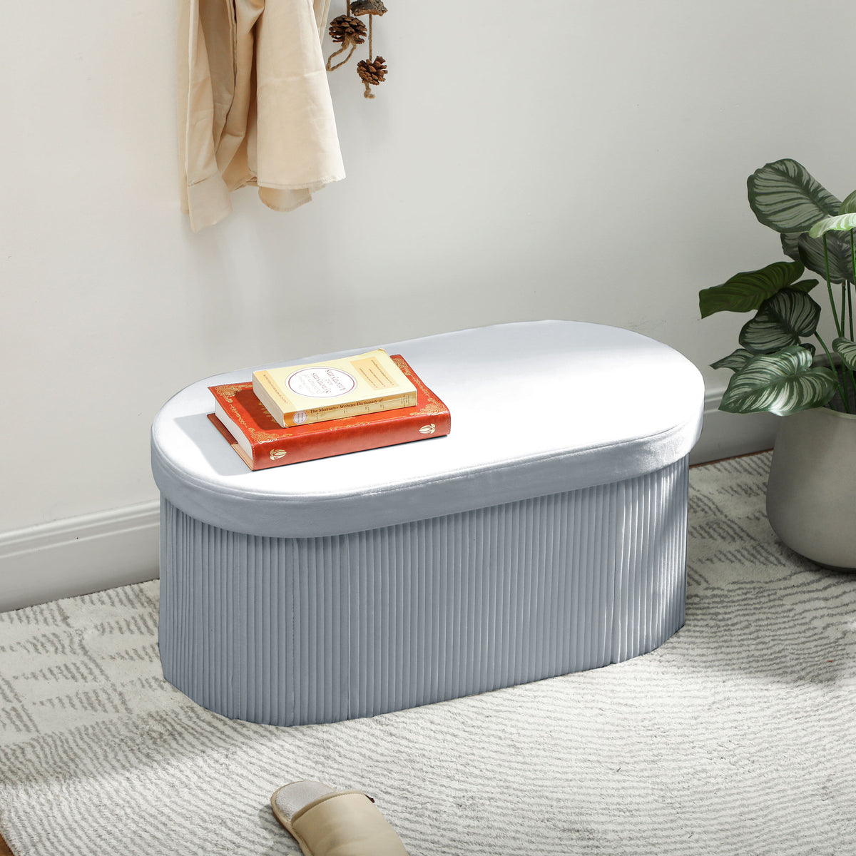 Storage Bench with Folding Seat, Velvet-Look Upholstered Bench for Living Room, 76 x 38 x 35 cm, Dark Gray (2)