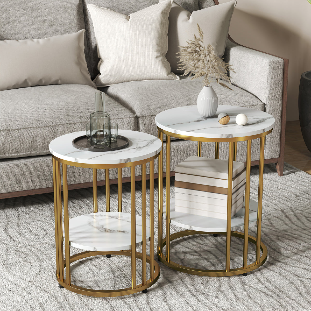 Round side table set of 2, marble-look coffee tables with open storage and metal frame (2)