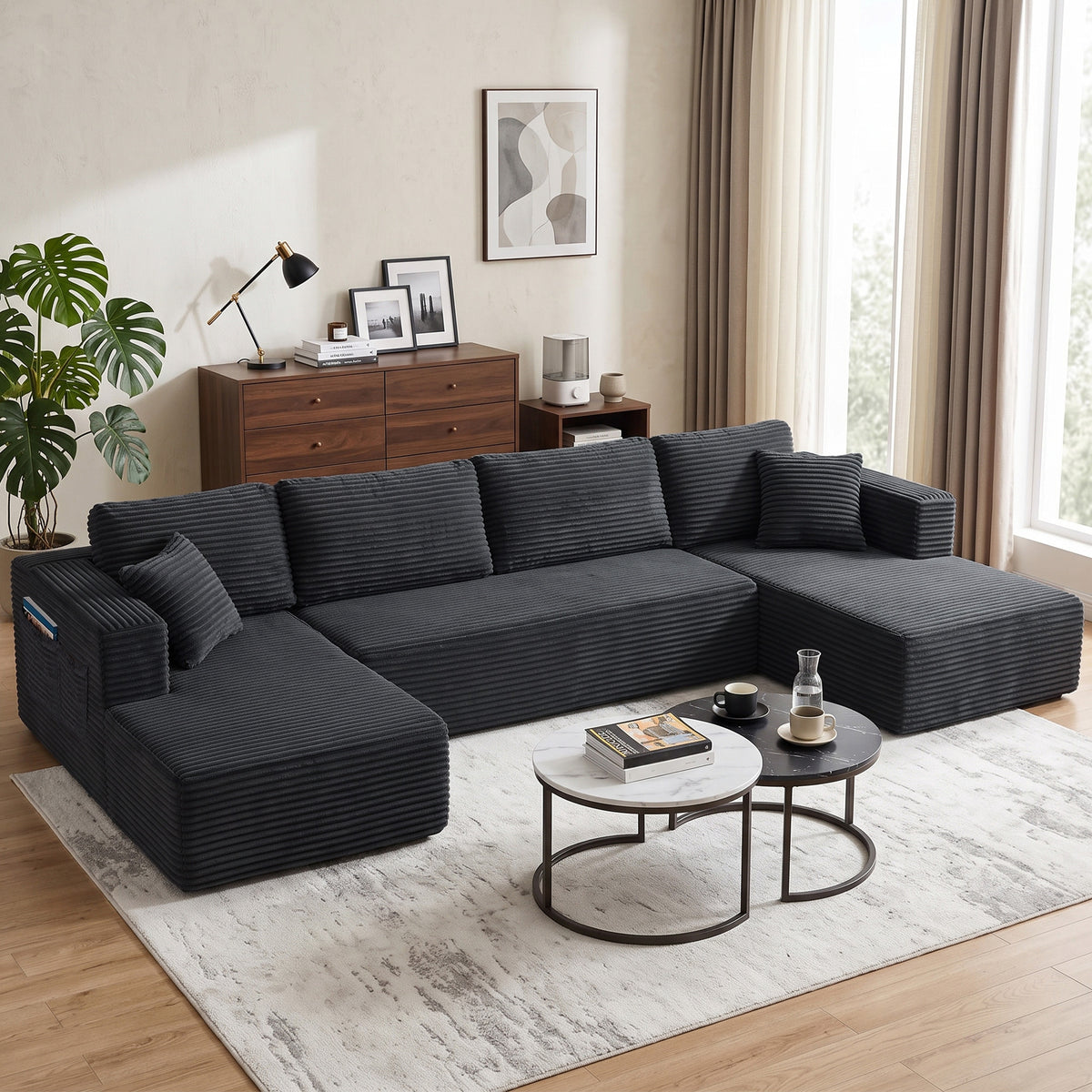 Modular U-shaped sofa with 2 chaise lounges, corduroy sleeper sofa with high-density foam and spring padding (2)