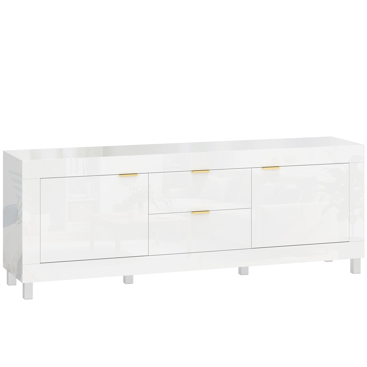 TV stand for TVs up to 75 inches, modern entertainment center with 2 cabinets and 2 drawers, high-gloss white