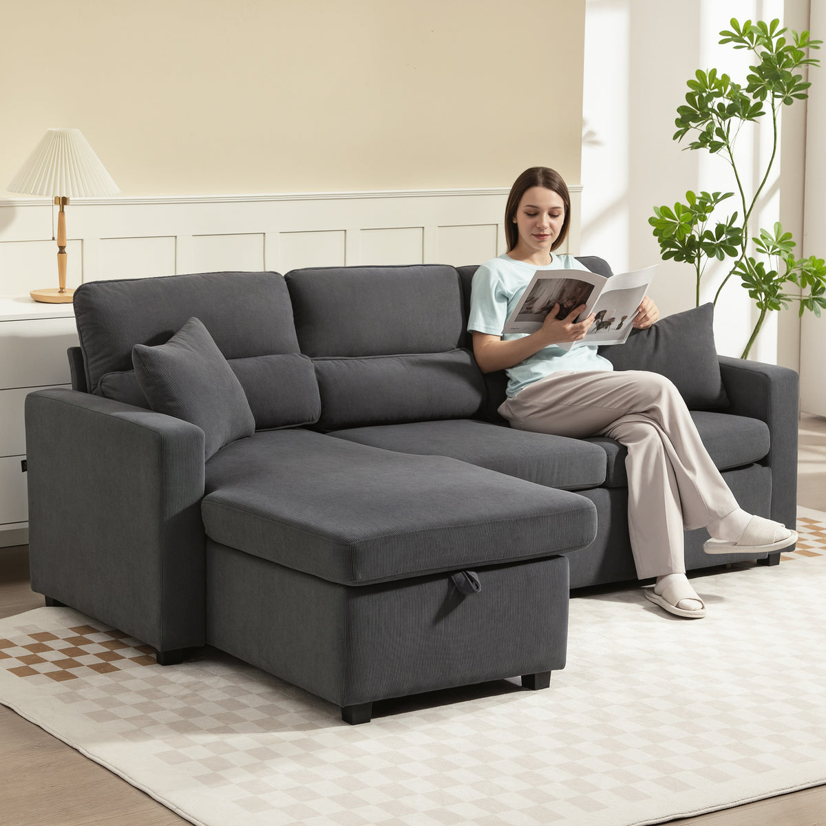 Adjustable sofa bed, L-shaped guest sofa with bed function, storage space, cushions, for living room, guest room (2)