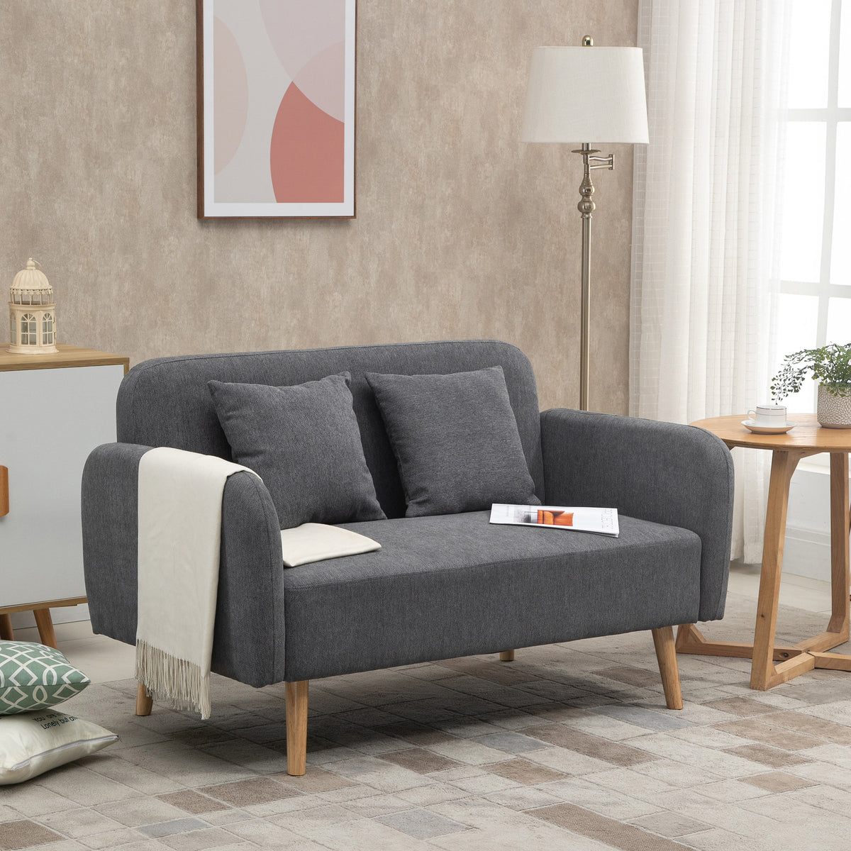 2-seater sofa couch with 2 throw pillows, small loveseat with velvet look, modern upholstered sofa for living (2)