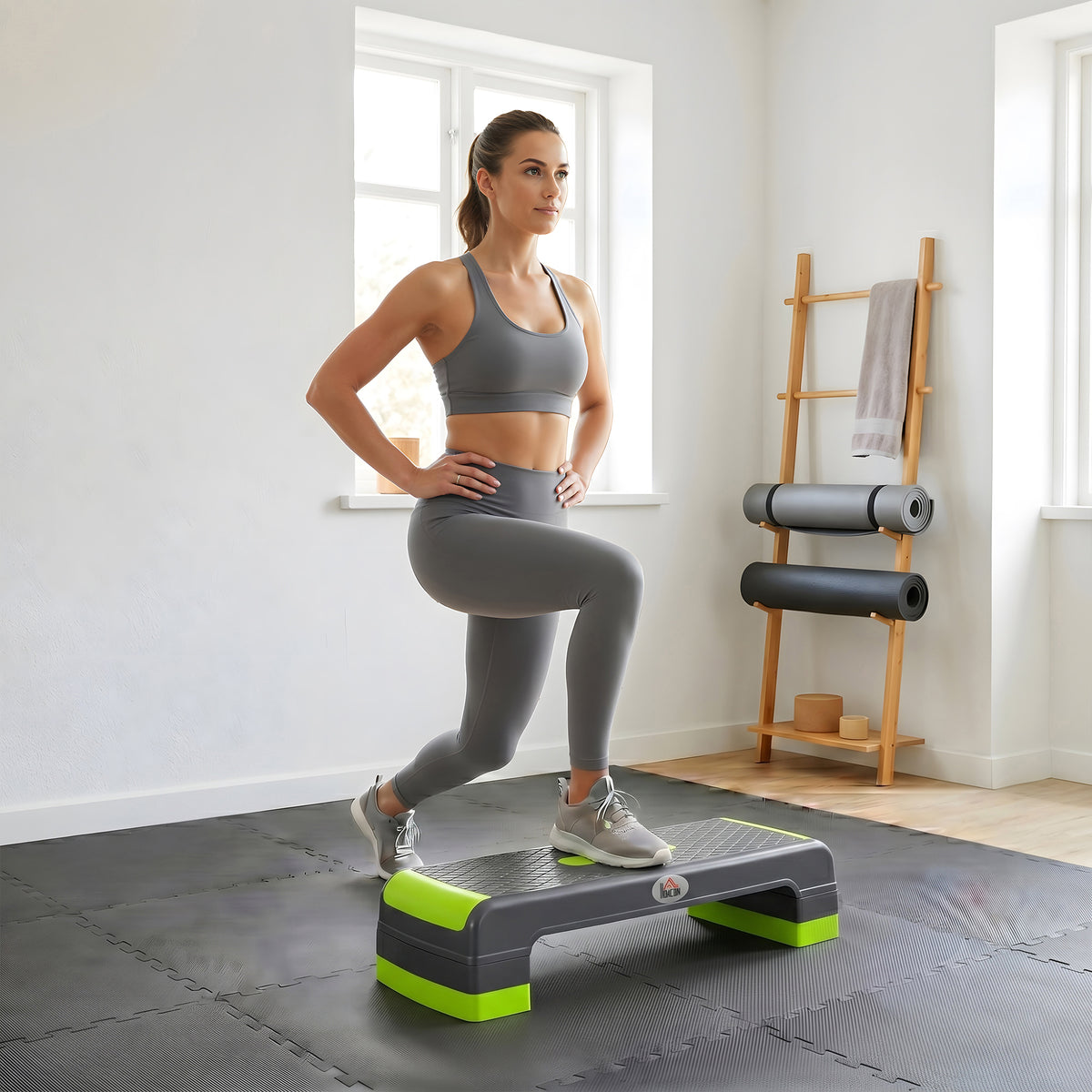 Aerobic stepper, 3-level height adjustable, up to 150 kg, 78 x 28 x 20 cm, gray/green (2)