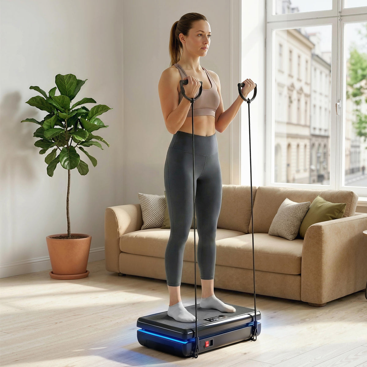 Vibration plate plate compactor with 120 intensity levels, 5 pre-programmed modes, LED lights, resistance bands (2)